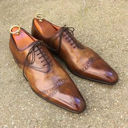 Men's Handmade Brown Patina Leather Oxford Brogue Toe Cap Lace Up Dress Shoes