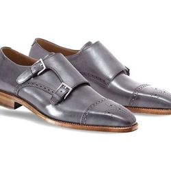 Men's Handmade Gray Leather Oxford Brogue Toe Cap Double Buckle Monk Strap Dress Shoes