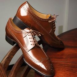 Men's Handmade Oxford brogue Wing tip Chocolate Brown Leather Shoes