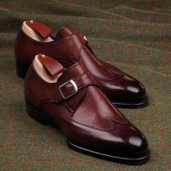 Men's Handmade Burgundy Patina Leather WIng Tip SIngle Buckle Monke Strap  Dress Shoes