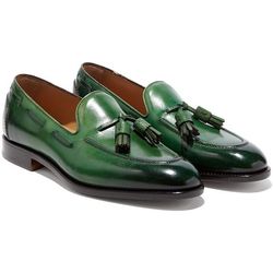 Men's Handmade Green Patina Leather Classic Tassels Loafers Shoes