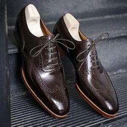 Men's Handmade Dark Brown Leather Oxford Wingtip Lace Up Dress Shoes