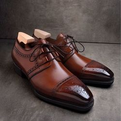 Men's Handmade Dark Brown Toe Cap Lace Up Derby Shoes