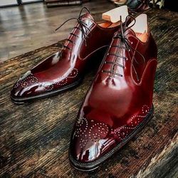 Men's Handmade Luxury Brogues Toe Maroon Leather Shoes, leather shoes