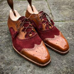 Men's handmade Two Tone Brown Leather Maroon Suede Oxford brogue Toe cap Shoes