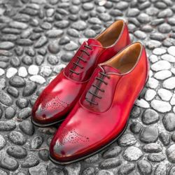 Men's handmade Red Patina leather Oxford Brogue Lace Up Formal Shoes