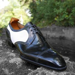 Men's Handmade White & Black Leather Oxford Brogue Lace Up Dress Shoes