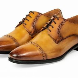 Men's Handmade Tan Patina Leather Oxford brogue Lace up Shoe