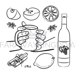 mulled wine spices and fruits christmas vector illustration set