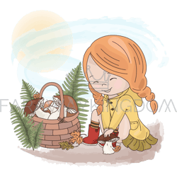 mushroom catcher cartoon girl forest vector illustration set