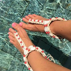 barefoot sandal white crochet macrame tie shell cowrie, foot ankle red crochet bracelet shell, sexy ankle bracelet shell