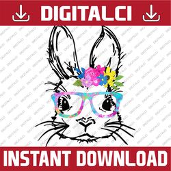 cute bunny face rainbow glasses flowers easter easter day png, happy easter day sublimation design