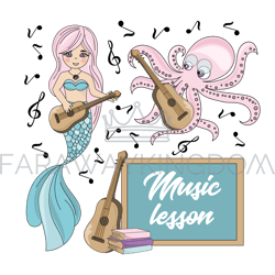 music lesson mermaid underwater school vector illustration set