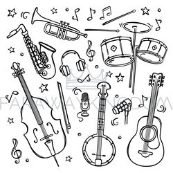 musical instruments monochrome hand drawn sketch collection