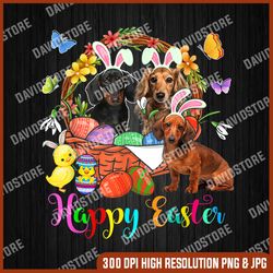 happy easter, three bunny dachshund dogs in easter eggs basket, easter png, happy easter png, easter day png, easter