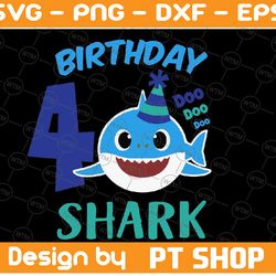shark 4th birthday svg, boy birthday shark svg dxf eps, boy fourth birthday clipart, four year old
