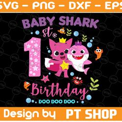 shark 1st birthday svg, girl birthday shark svg dxf eps, girl first birthday clipart, one year old, baby shark