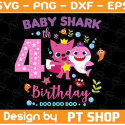 shark 4th birthday svg, girl birthday shark svg dxf eps, girl fourth birthday clipart,four year old