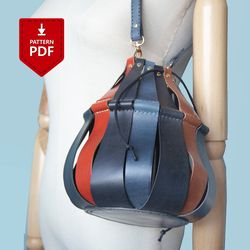 Leather drawstring bucket bag from leather scraps pattern PDF