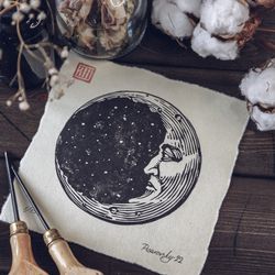linocut print moon crescent original art middle ages style home decor hand drawn interior painting witchy wall decor