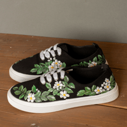 White flowers of strawberries Custom Sneakers, Hand Painted Black Floral Canvas Shoes, Personalized Gift for women