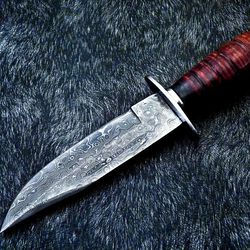 Damascus Full Tang Bowie Hunting Knife Blade With Leather Sheath