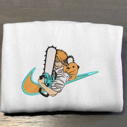 denji nike embroidered crewneck, chainsaw man embroidered sweatshirt, inspired embroidered manga anime hoodie