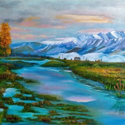 Mountain Painting Sunset Picture 23*35 inch Mountain Lake Painting Original Artwork