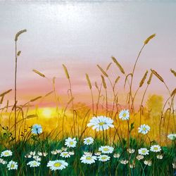 Sunset Painting Original Artwork 27*35 inch White Daisy Painting Field Grasses Art