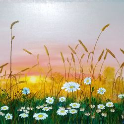 sunset painting original artwork 27*35 inch white daisy painting field grasses art