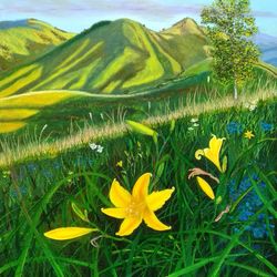 mountains painting original artwork 27*31 inch field grass art wildflowers oil painting