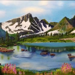 Mountains Painting Mountain Lake Oil Painting 13*19 inch Original Artwork Wildflowers Oil Painting