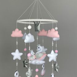Baby mobile with swans. Mobile swans for girl. Nursery crib mobile swans.