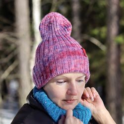 Merino wool hat, Autumn winter beanie, Pink lilac women hat, Hand dyed warm hat, Ready TO SHIP