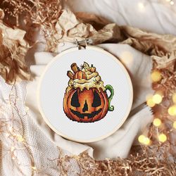 Pumpkin Cup Cross Stitch Pattern, Halloween Cross Stitch Chart, Horror Cross Stitch, Spooky Cross Stitch, Digital PDF