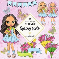 Gorgeous spring girls clipart, spring dolls clipart, tulips clipart, spring planner stickers, spring girl illustrations