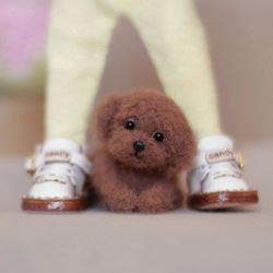 Miniature brown puppy, Dollhouse miniature, Mini toy poodle, Maltipoo toy, Unique gift for girl
