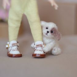Miniature white puppy, Mini dog, Dollhouse miniatures, Toy for girl, Toy for doll