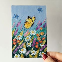 Buy Butterfly Acrylic Painting with Wildflowers & Insect Art | Small Wall Decor