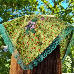 green bandana embroidered/ triangle hair scarf with ties/ frog hair kerchief/ cottagecore/ whimsigoth/ frogcore