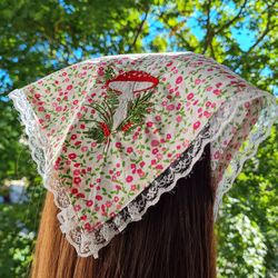 floral bandana embroidered/ mushroom hair kerchief/ triangle hair scarf/ cottagecore/ y2k fashion.