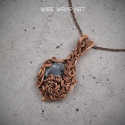 Large wire wrapped  larvikite pendant necklace for her woman 7th or 22nd Anniversary gift idea Powerful positive energy