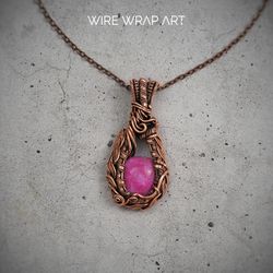 Copper wire wrapped pendant this natural hot pink agate Gemstone necklace Unique copper jewelry Anniversary gift for her