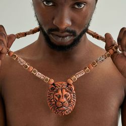 African Mans Tribal Lion Necklace / Astrology Statement Jewelry and Zodiac Leo Pendant  /  Gift for Men