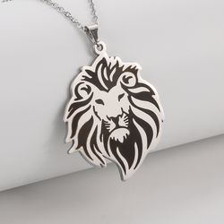 lion head pendant, engraved stainless steel necklace, unisex jewelry