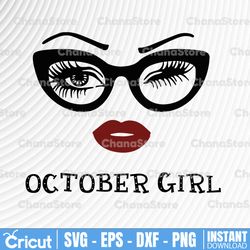October Girl SVG, Woman With Glasses Svg Printable, Girl With Bandana Design, Blink Eyes Png, October Svg