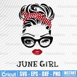 june girl svg, woman with glasses svg printable, girl with bandana design, blink eyes png, june svg, png sublimation
