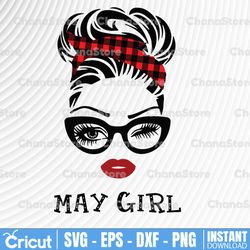 may girl svg, woman with glasses svg printable, girl with buffalo plaid bandana design, blink eyes png, may svg