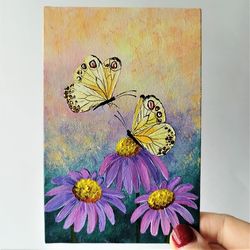 Butterflies Acrylic Painting of Daisies: Small Artwork for Your Home