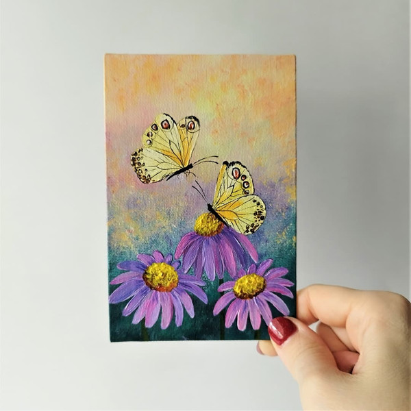 Yellow-butterflies-on-field-flowers-purple-daisies-acrylic-painting-small-wall-art.jpg